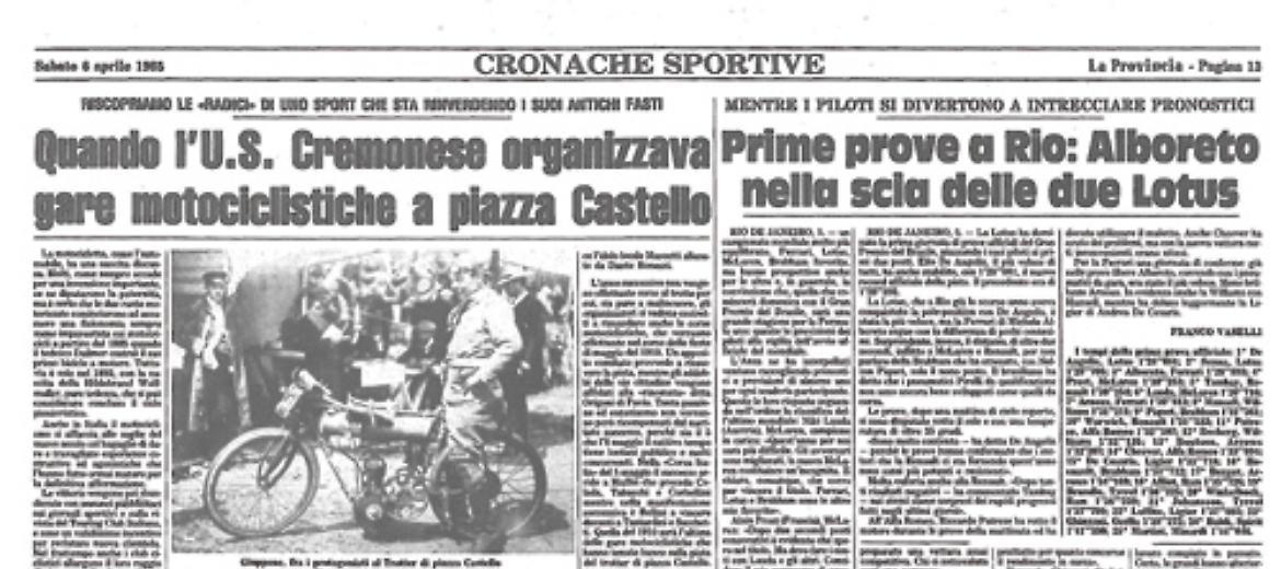Nel 1905 l'Unione sportiva Cremonese organizza la 'Coppa città di Cremona' di... motociclismo