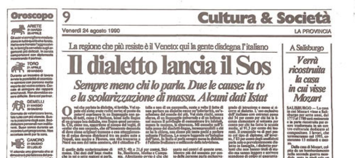 Il dialetto va sempre più scomparendo, solo il Veneto resiste