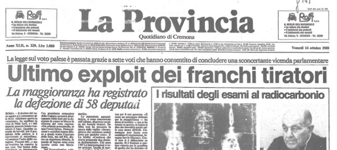 L'esame del radiocarbonio, proveniente da tre università,  rivela che la sacra Sindone non è il sudario di Gesù