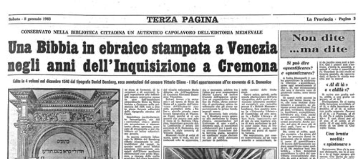 E' custodita nella biblioteca statale di Cremona una preziosa Bibbia in ebraico edita nel 1546