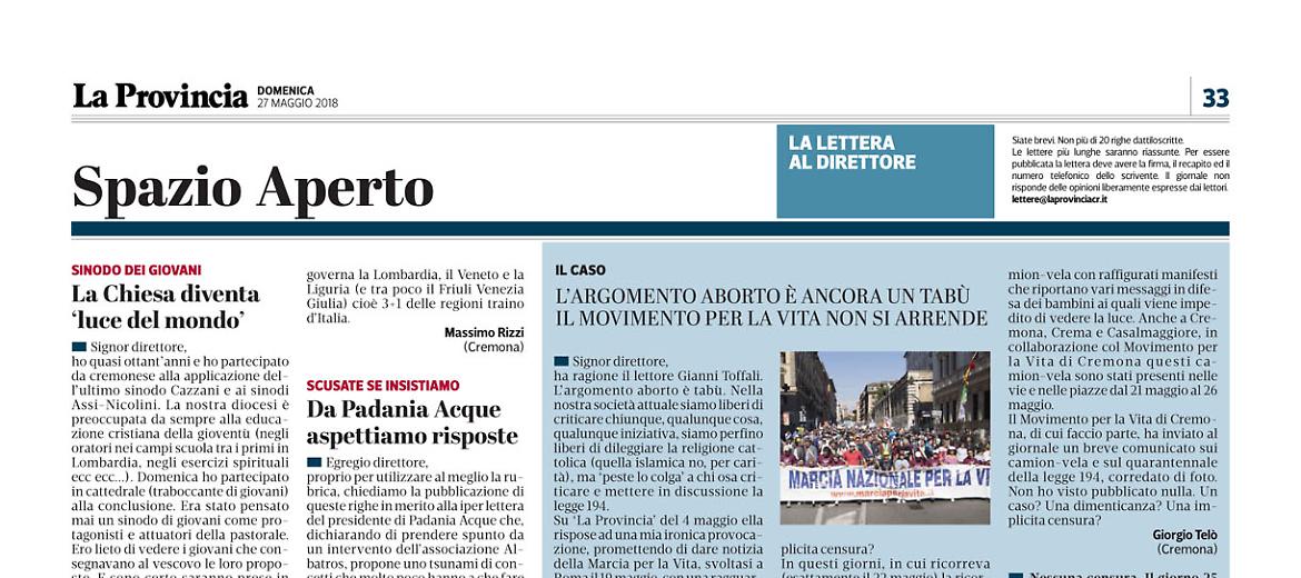 Lettere al Direttore del 27 maggio