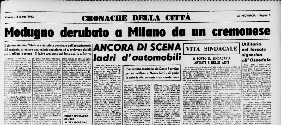 Modugno derubato a Milano da un cremonese