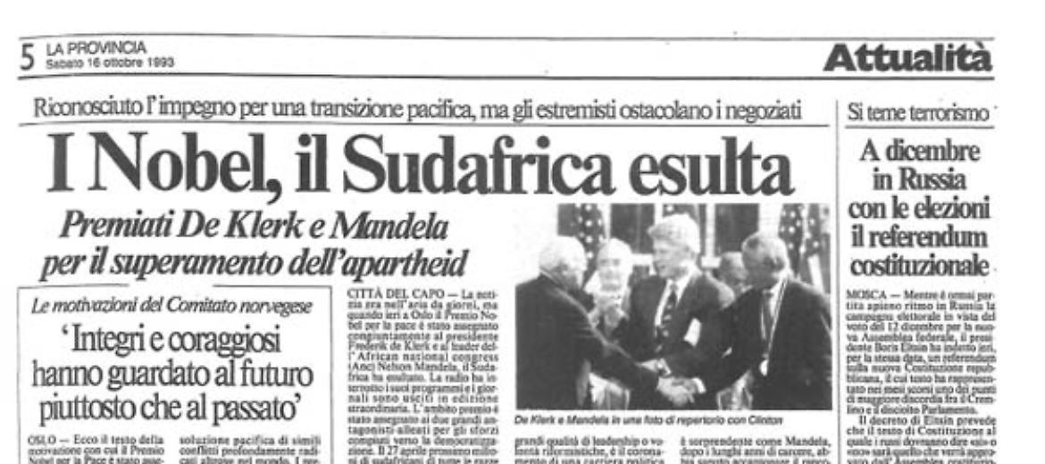 Nobel per la Pace a Mandela e De Klerk